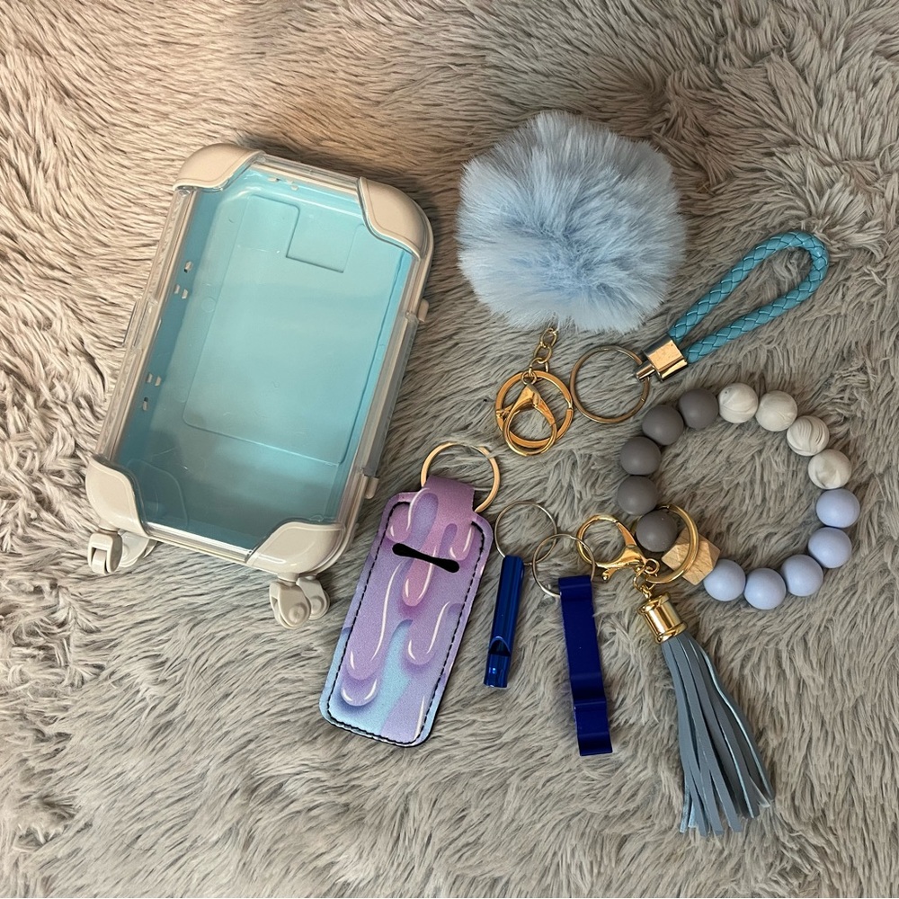 6pcs Blue and Grey Keychain Set with mini suitcase